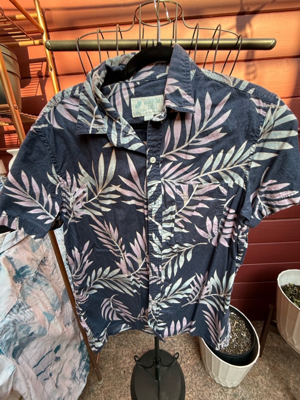 American Eagle Outfitters Navy Short-Sleeve Button-Down with Pink Leaf Print